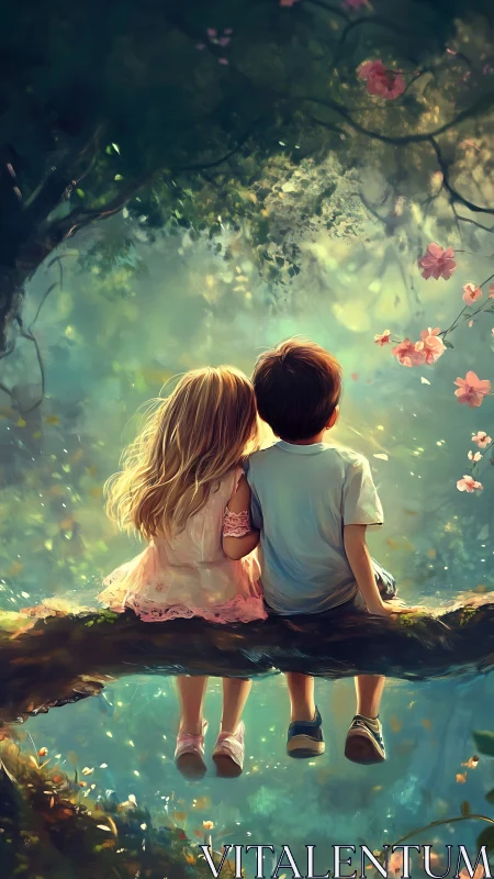 Two Children Sitting on a Log in a Glowing Enchanted Forest Garden