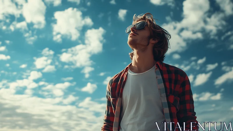 Young man in sunglasses under bright open sky.