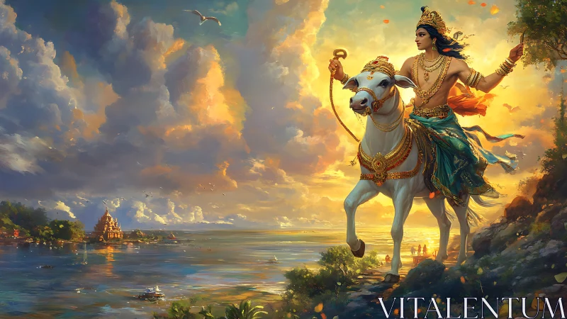Divine rider on white bull crosses luminous coastal landscape at dusk