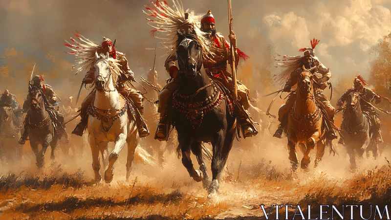 Warriors on horseback charge across a dust-filled plain.