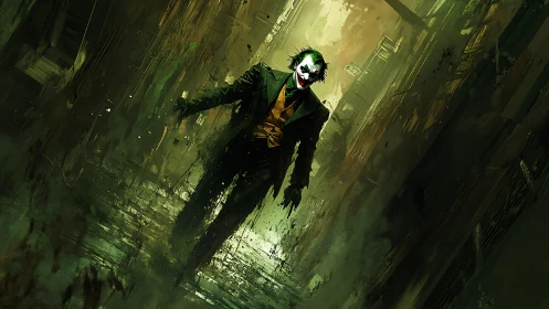 Grinning chaos walker sliding through a dripping neon alleyway.