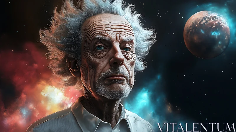 Aging space scientist gazes into a vast glowing cosmos