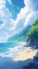 Coastal Cliff Beach Composition: Digital Landscape with Oceanic Vista