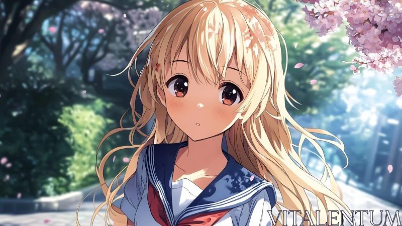 Shy blonde schoolgirl under drifting cherry blossoms outside.
