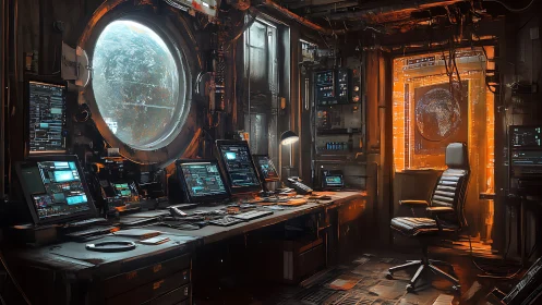 Orbital hacker&rsquo;s den gazing at stormy planetwide secrets.