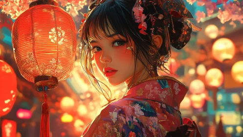 Geisha portrait glows under lantern light in floral kimono.