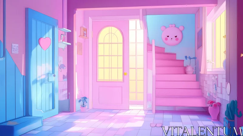 Pastel-lit kawaii hallway interior with stylized stairway.
