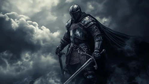 Dark armored knight stands defiant beneath storm clouds.