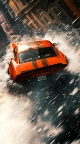 Streetstorm muscle car carving rain-soaked urban torrents.