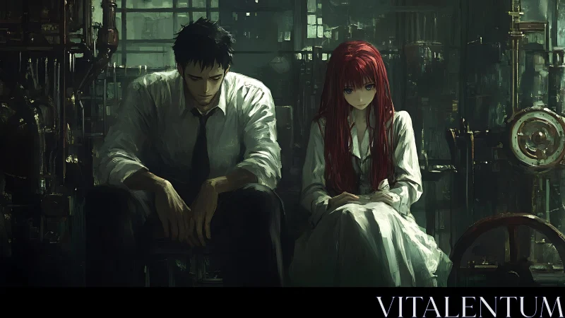 Melancholic duo in industrial shadows, cinematic palette.