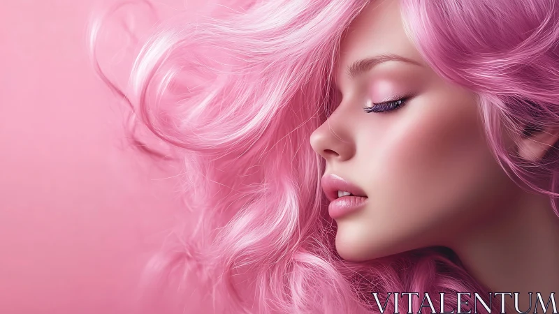 Profile portrait with flowing pastel pink fantasy hair.