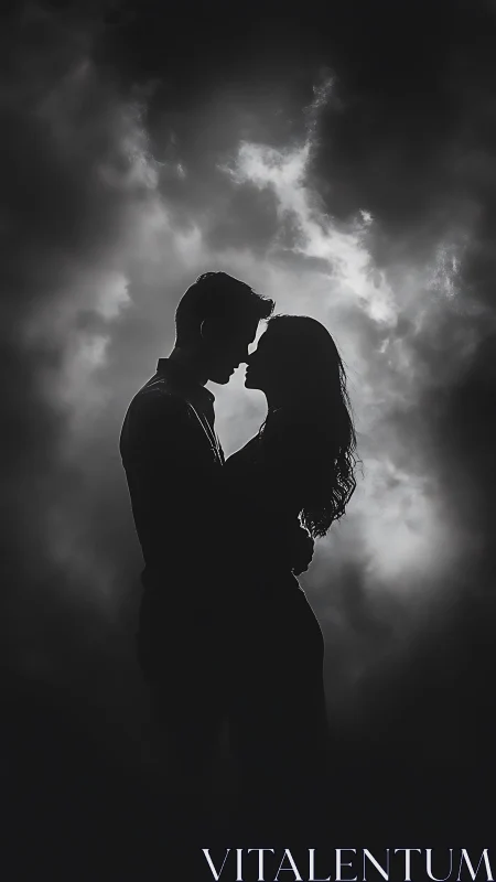 Silhouetted couple embrace against dramatic stormy sky