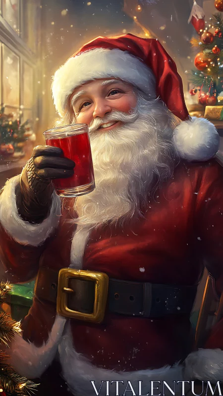 Santa Claus holds red drink in warm decorated room