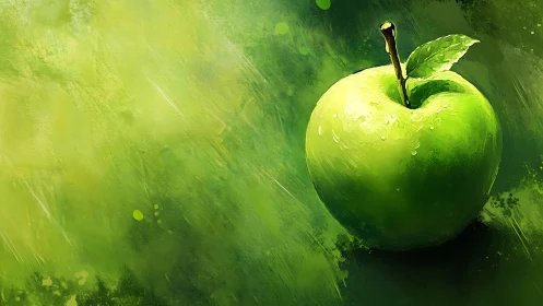 Digital painting study of a luminous green apple on wash background.