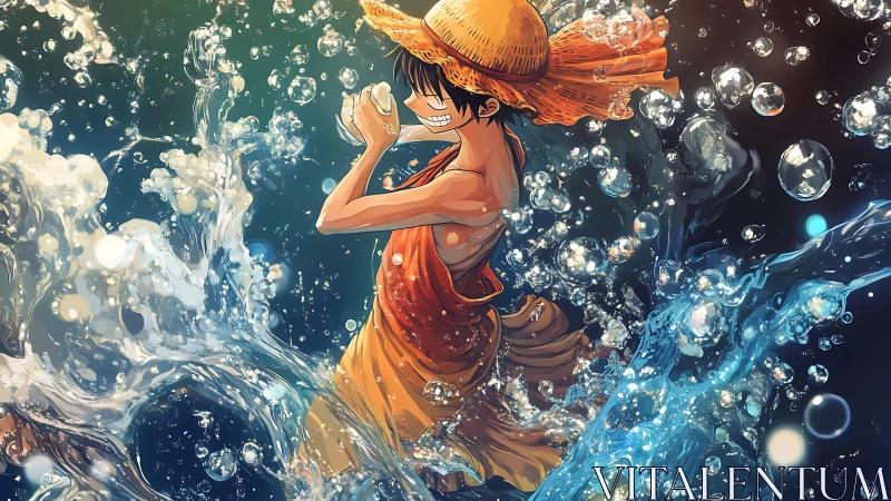Joyful straw-hatted adventurer splashing through bright waves.