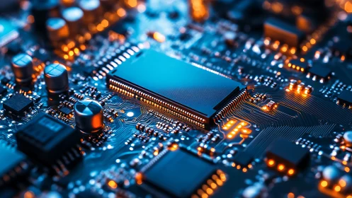 Neon circuit metropolis with a lone microchip monarch at dusk.