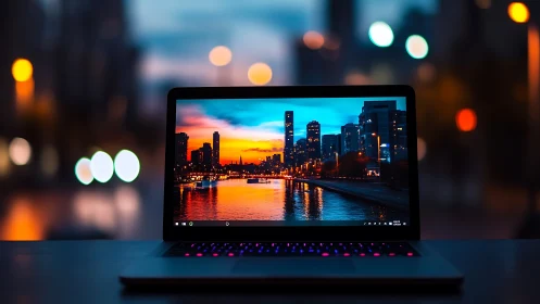 High contrast laptop display isolates sharp skyline against bokeh city