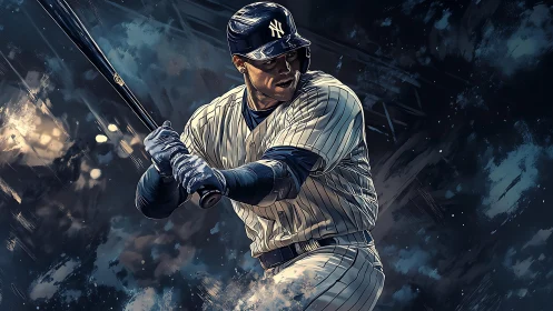 Baseball batter in pinstripes preparing to hit pitch.