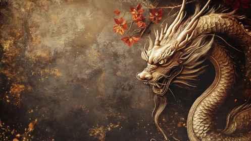 Gilded serpentine dragon relief amid textured ember field.