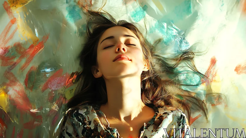 Young woman resting against abstract colorful background.