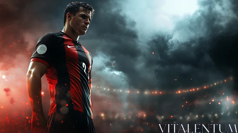 Stadium-lit football striker amid atmospheric storm haze.