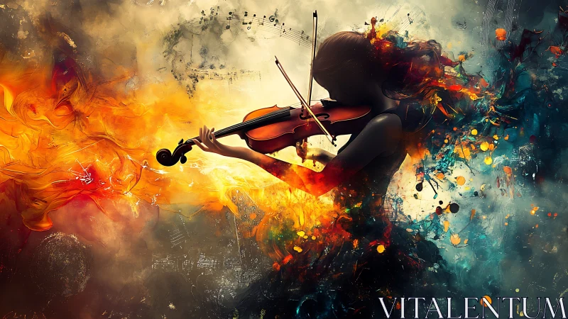 Fiery violinist silhouette dissolving into abstract color storm.