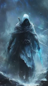 Hooded figure stands in icy, blue-toned digital environment