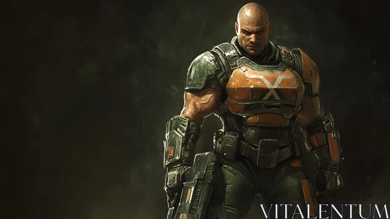 Armored soldier stands in reinforced exosuit under dim lighting