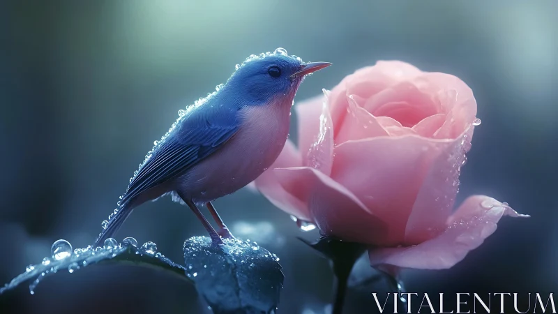 Blue songbird rests beside dewy pink rose at dawn