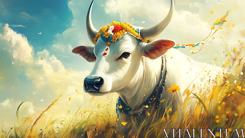 Sacred white cow rests in golden meadow under radiant sky