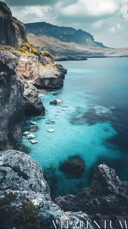 Turquoise coastal cliffs meet calm bay under muted sky.