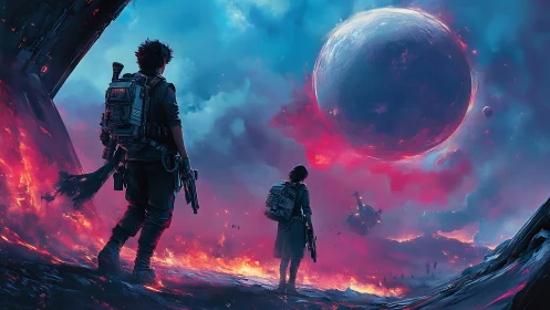 Stargazing explorers under a glowing alien sky together.