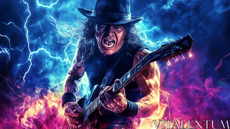 Electric rock guitarist screams through neon storm.