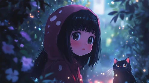 Moonlit hooded girl and wide eyed cat in glowing garden.