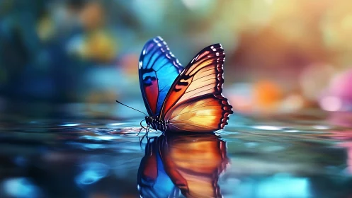 Gentle twilight butterfly resting over painted water.