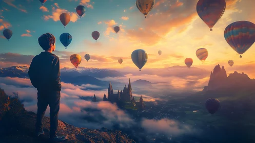 Atmospheric fantasy vista with balloons above misted citadel.