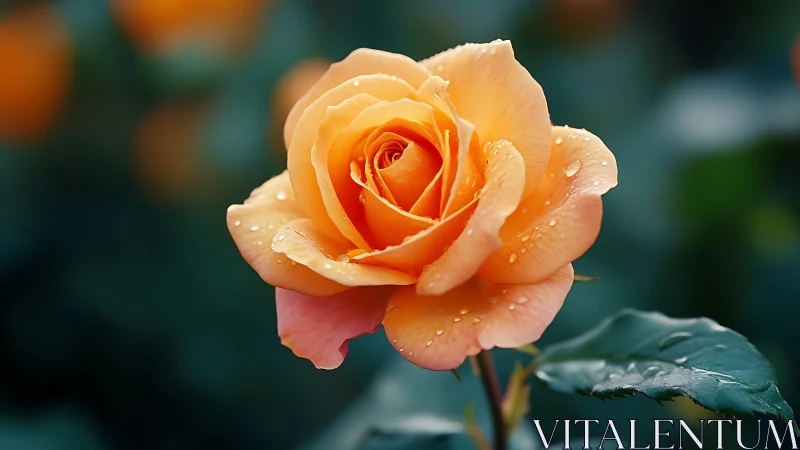 Orange rose bloom with water droplets on green foliage background.