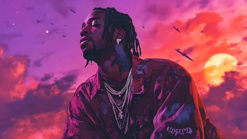 Portrait of man with chains against vivid purple sunset sky