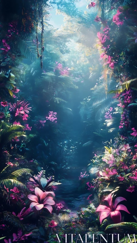 Luminous tropical jungle corridor with neon floral canopy.