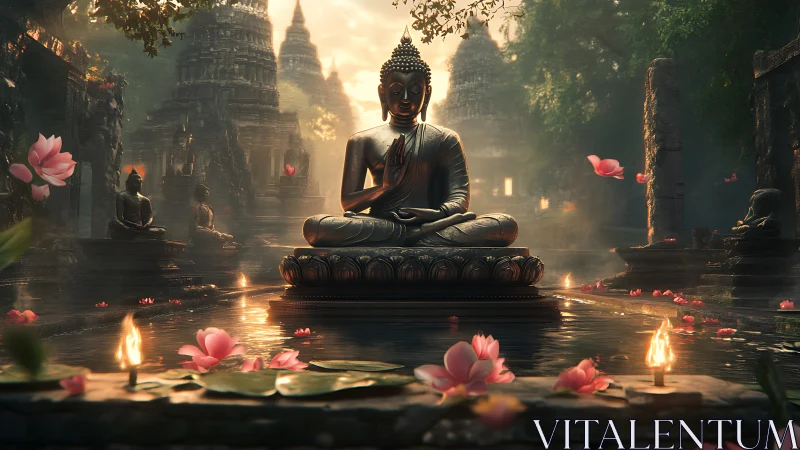 Serene Buddha statue in lotus pond within ancient temple