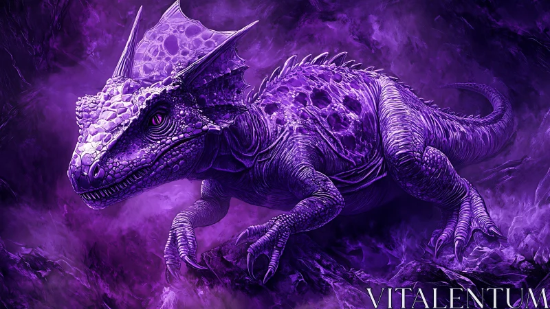 Purple reptilian dragon in misty cavern environment.