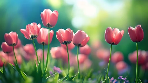 Radiant Pink Tulips in Soft-Focus Garden Setting. Botanical photography capturing vibrant spring blo