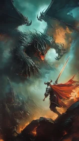 Armored paladin confronting multiheaded draconic hellbeast at dusk.