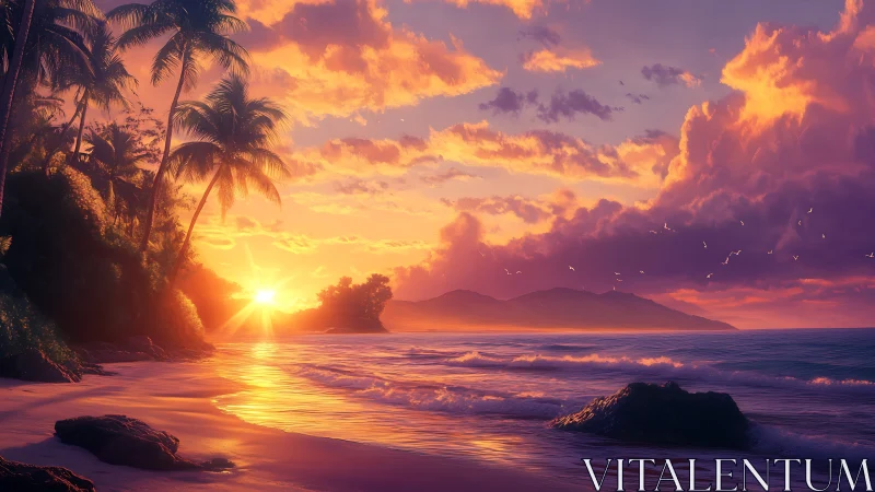 Digital sunset seascape with tropical coastline illumination.