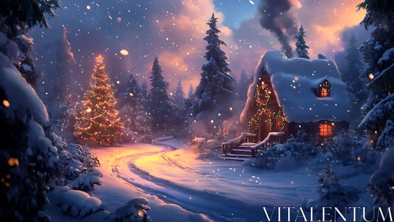 Snowy cabin glows warmly beside a festive Christmas tree
