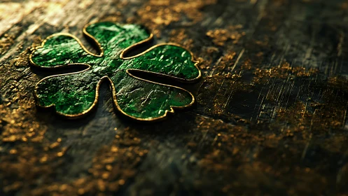 Emerald four leaf clover emblem on distressed gold surface.