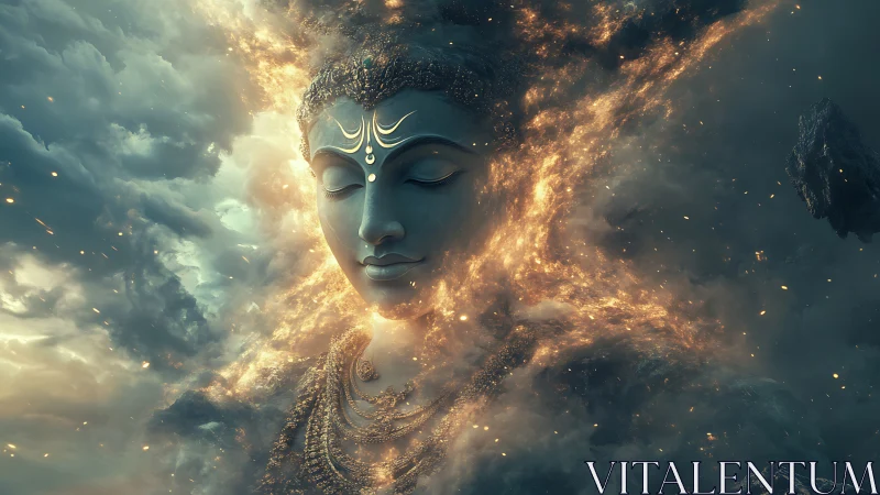 Celestial deity portrait fused with luminous cosmic nebula.