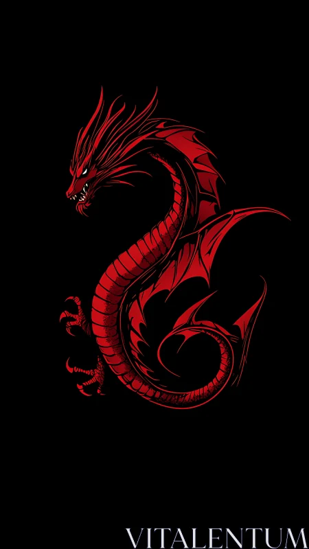 Coiled crimson dragon silhouette uses sharp vector linework on black