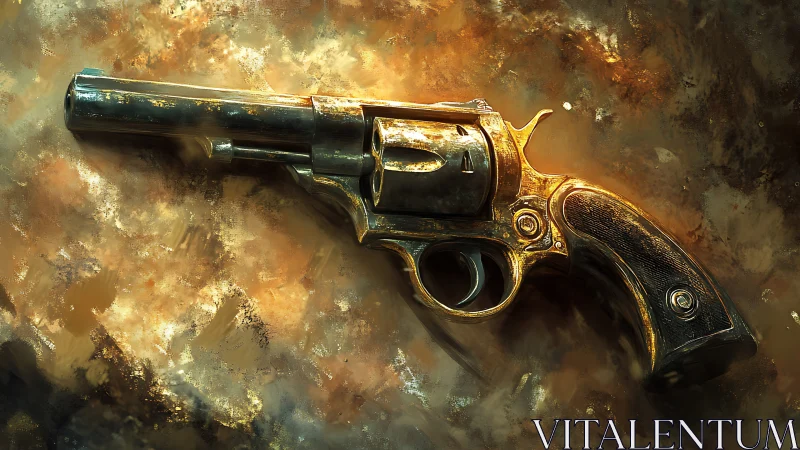 Weathered golden revolver resting in swirling painterly light.