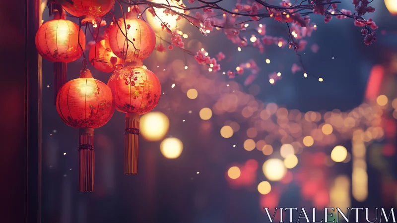 Red lanterns glow under cherry blossoms at dusk festival.
